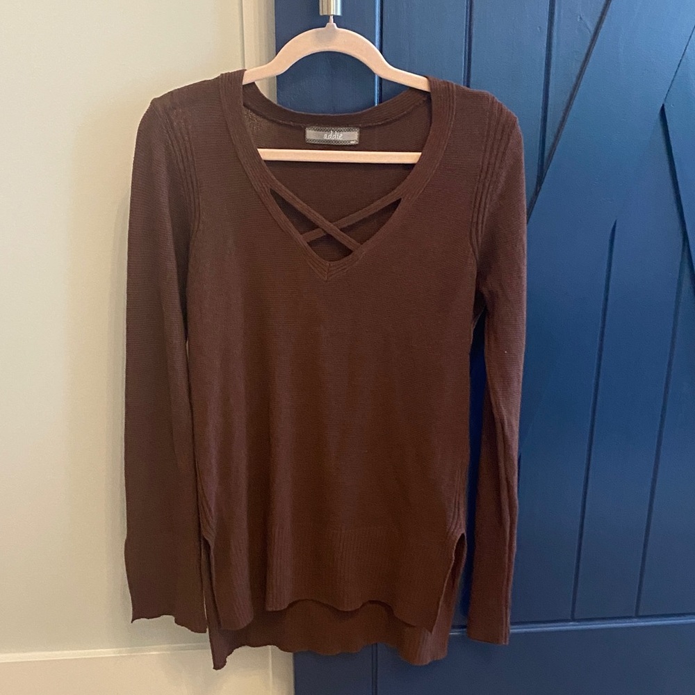 Addie Brown V-Neck Sweater with Crisscross Detail